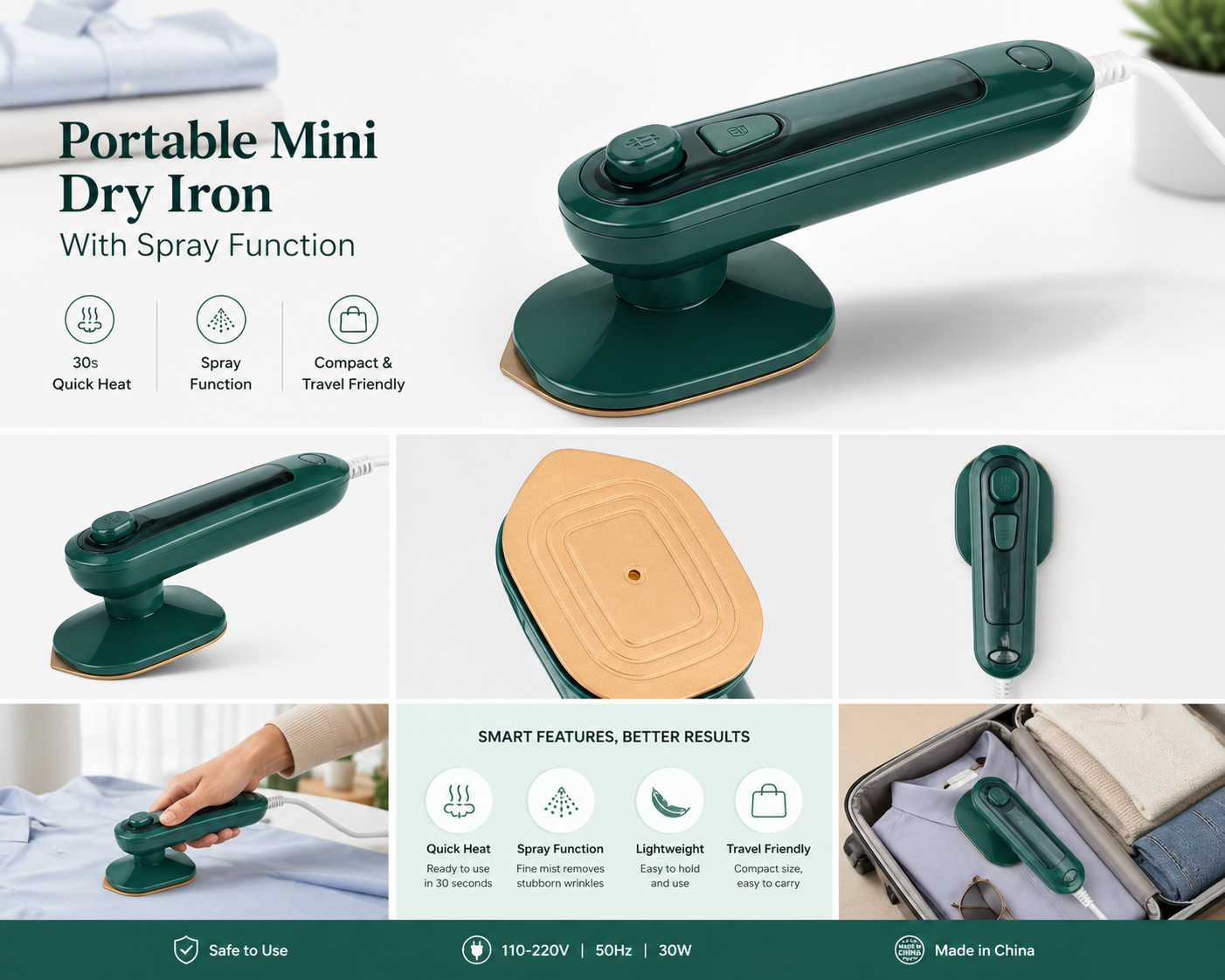Portable Mini Dry Iron with Spray – Travel Steam Iron, Quick Heat 30s, Lightweight Handheld Iron for Clothes - Pwolimarket