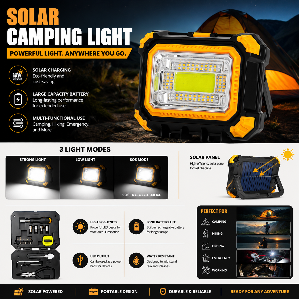 Solar Rechargeable LED Work Light with Multi-Tool Kit | Pwolimarket