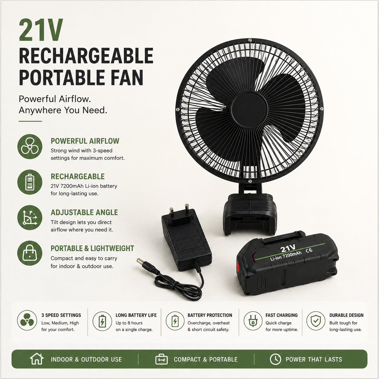 Portable Rechargeable Battery Fan | High-Speed Lithium Fan for Power Cuts & Travel – Pwolimarket