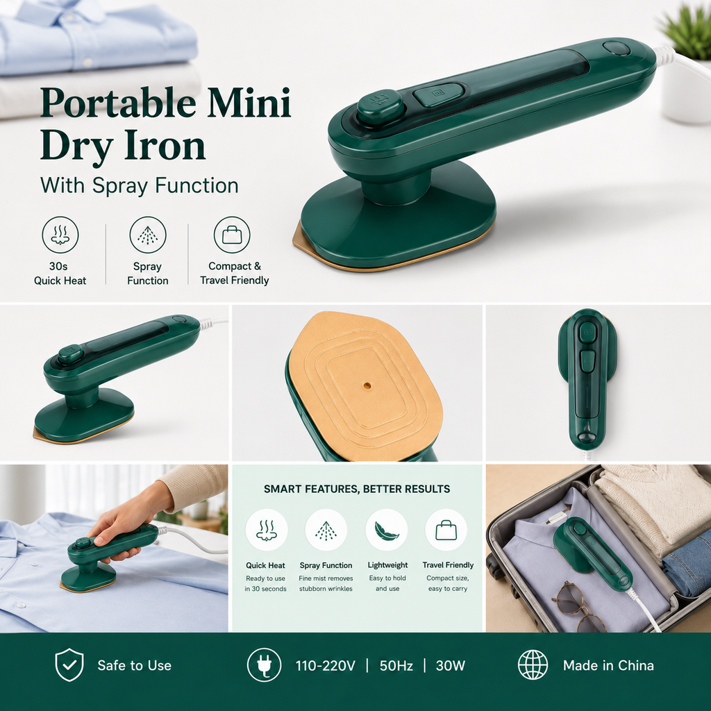 Portable Mini Dry Iron with Spray – Travel Steam Iron, Quick Heat 30s, Lightweight Handheld Iron for Clothes - Pwolimarket
