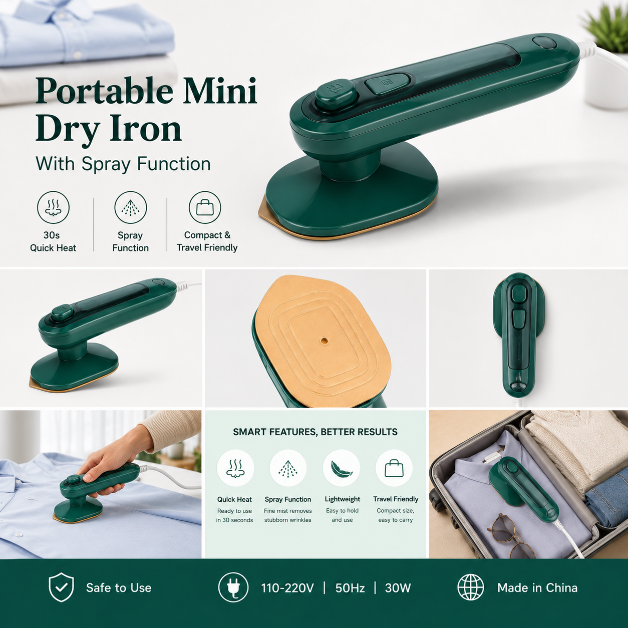 Portable Mini Dry Iron with Spray – Travel Steam Iron, Quick Heat 30s, Lightweight Handheld Iron for Clothes - Pwolimarket