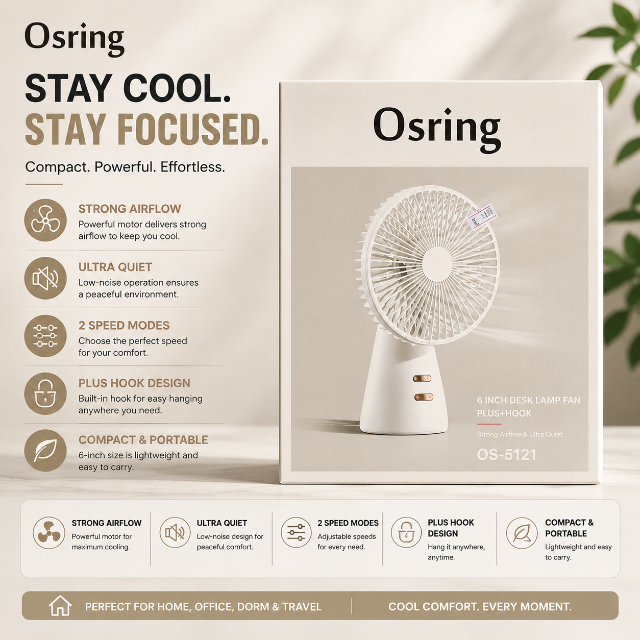 Osring 6 Inch Desk Fan with Lamp – Rechargeable Portable Table Fan (OS-5121) | Pwolimarket