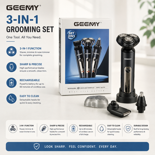 3-in-1 Rechargeable Electric Shaver for Men | Beard Trimmer, Nose Trimmer & Grooming Kit – Pwolimarket