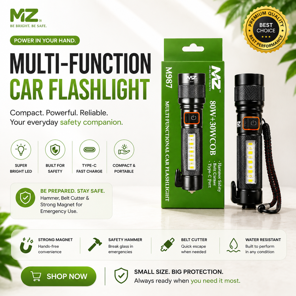 MZ M987 Multi-Functional Car Safety MZ M987 Multi-Functional Car Safety Flashlight 80W Torch + 30W COB Light | Emergency Hammer |Pwolimarket