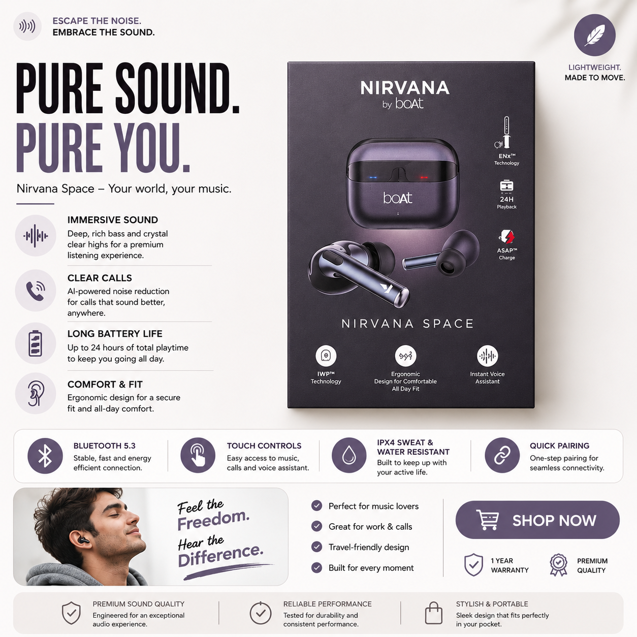 boAt Nirvana Space True Wireless Earbuds with ANC & Long Battery Life – Premium Sound TWS |Pwolimarket