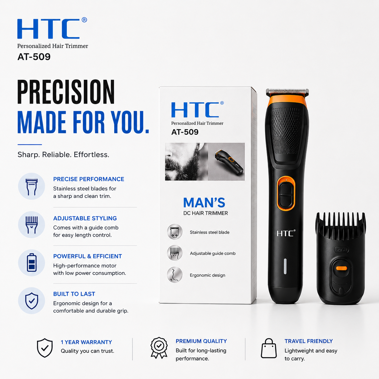 HTC AT-509 Men’s Rechargeable Hair Trimmer | Cordless Beard & Hair Grooming Kit |Pwolimarket