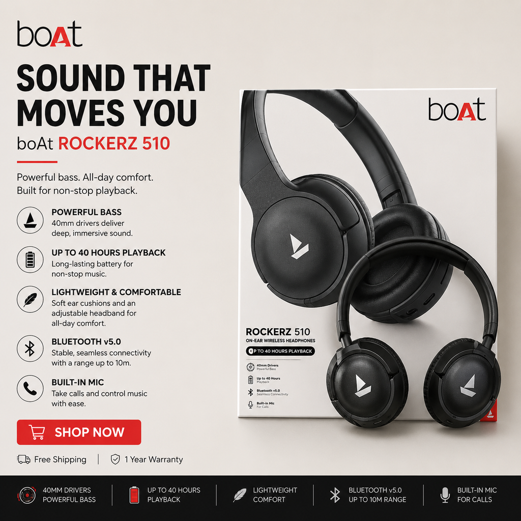 boAt Rockerz 510 Wireless Bluetooth Headphones with Mic |Pwolimarket