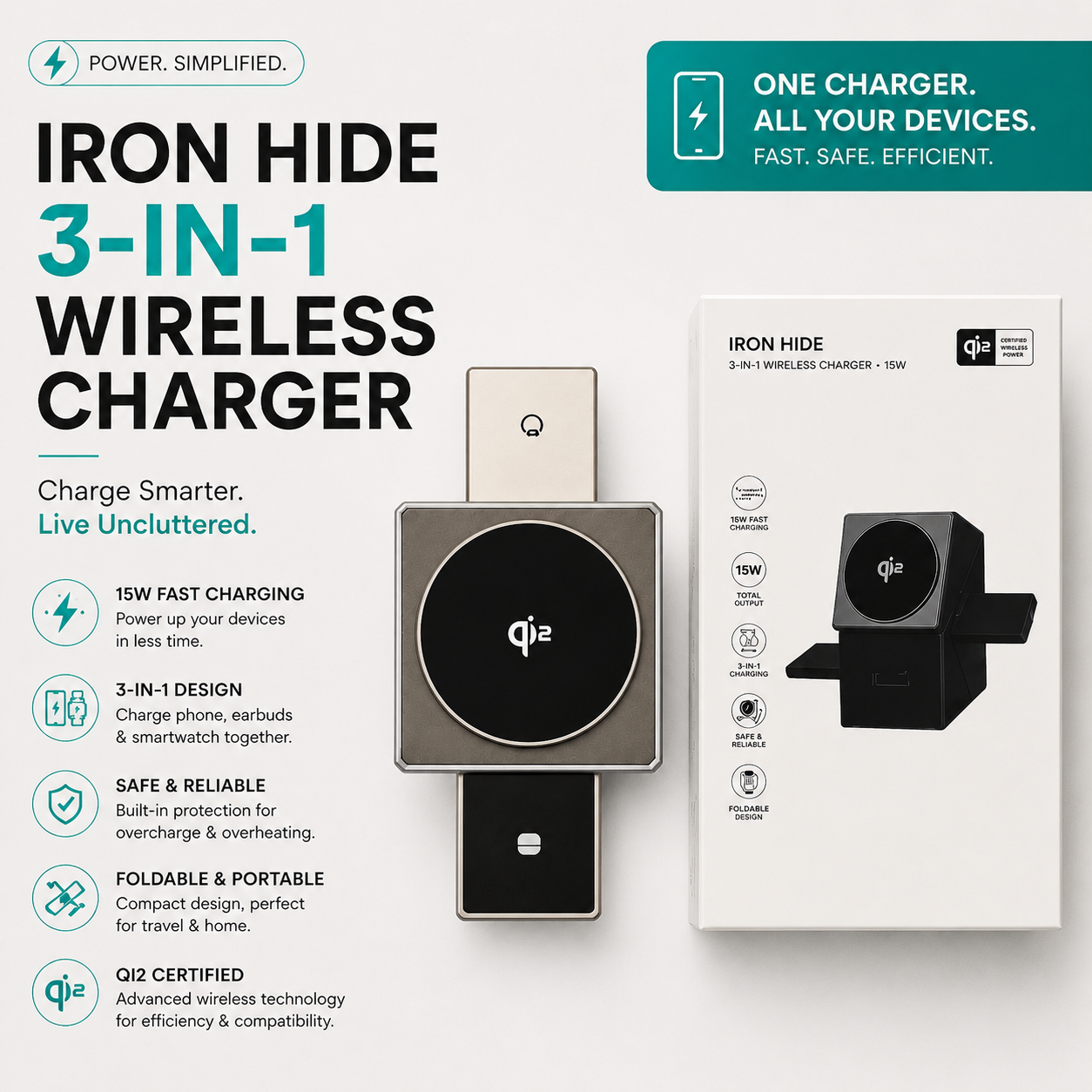IRON HIDE 15W Wireless Charger – Fast, Secure & Stylish Charging | Pwolimarket
