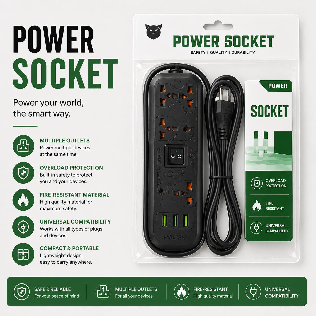 2000W Power Extension Board with USB & Type-C (4 Socket) - 8 in 1 Extension Board |Pwolimarket