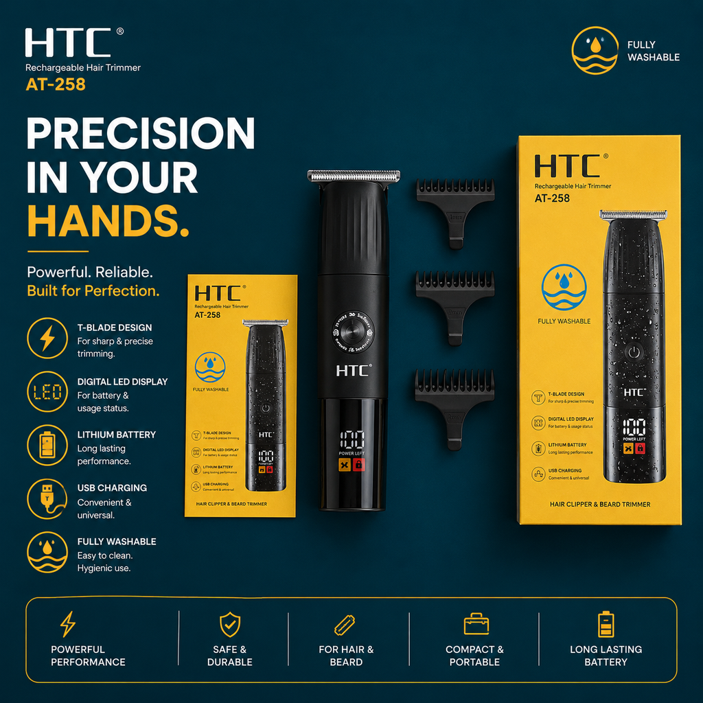 HTC AT-258 Rechargeable Hair Trimmer – Fully Washable, Precision Grooming |Pwolimarket