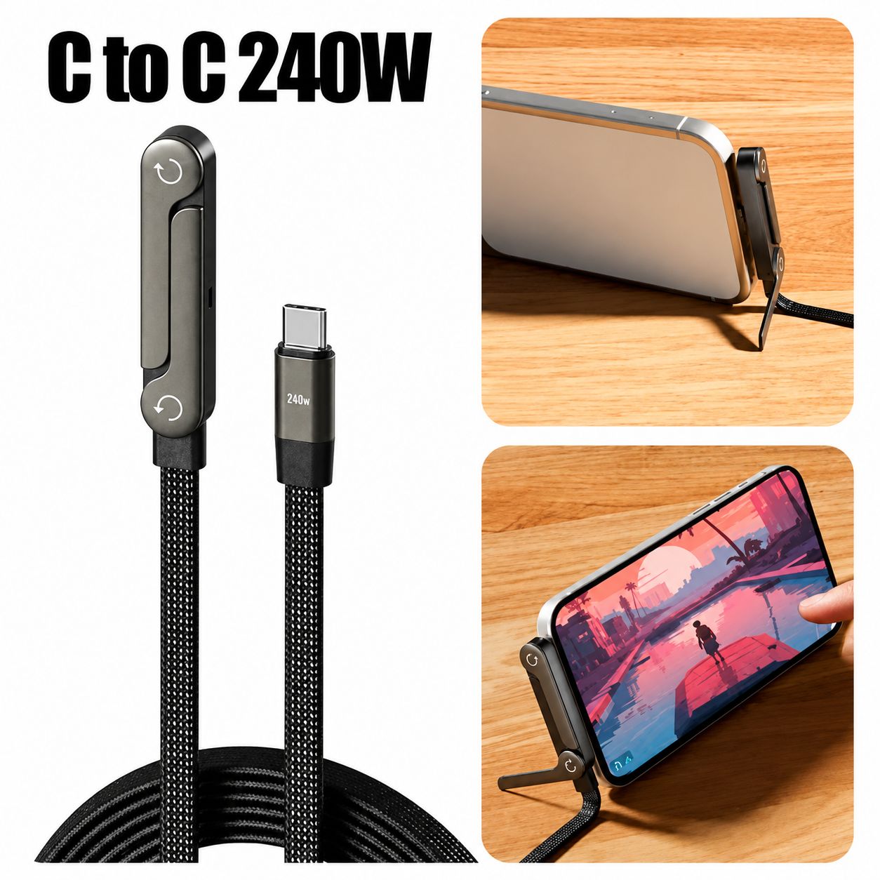 240W Fast Charging USB-C Cable with Phone Stand | PwoliMarket